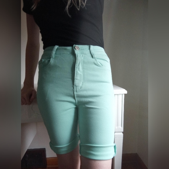 BLUE TOPIC - Mint / Turquoise Denim High Waisted Bermuda Shorts - Picture 5 of 6
